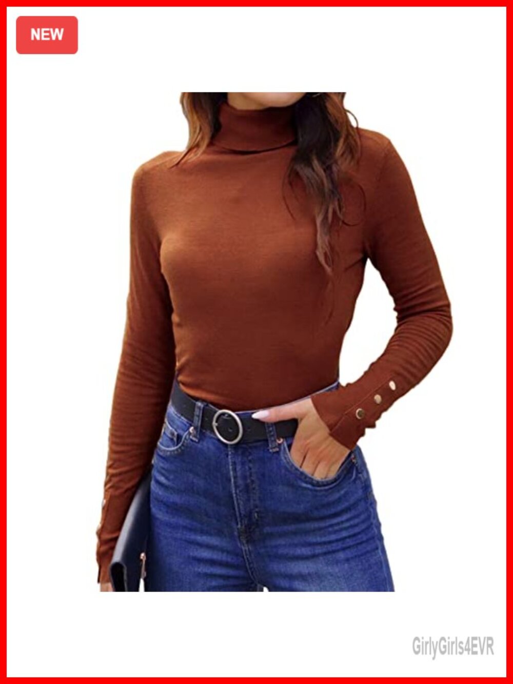 Fitted Lightweight Knit Turtleneck Sweater Long Sleeve Metal Buttons Women's